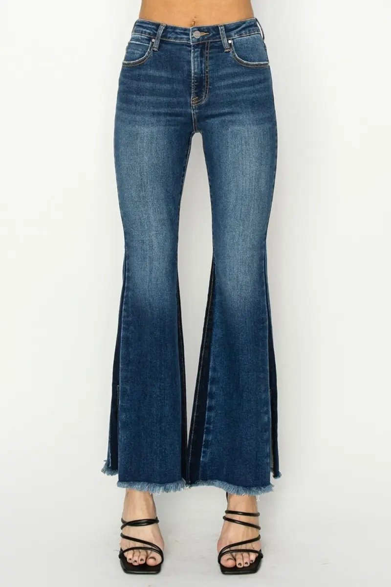 RISEN Full Size High Rise Side Shadow Seam Detail Slit Flare Jeans - Love Salve